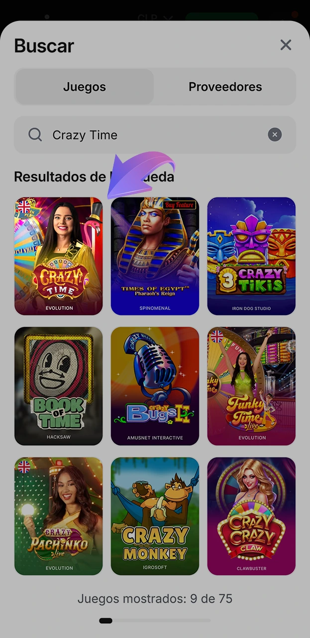 Utiliza el buscador para encontrar el juego Crazy Time en 1win.