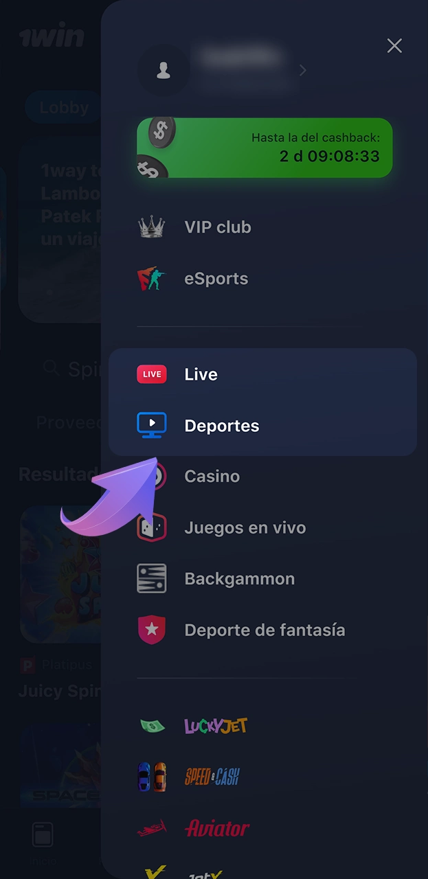 Find the sports events section at 1win.