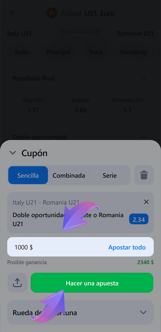 Enter the amount and confirm your bet at 1win.