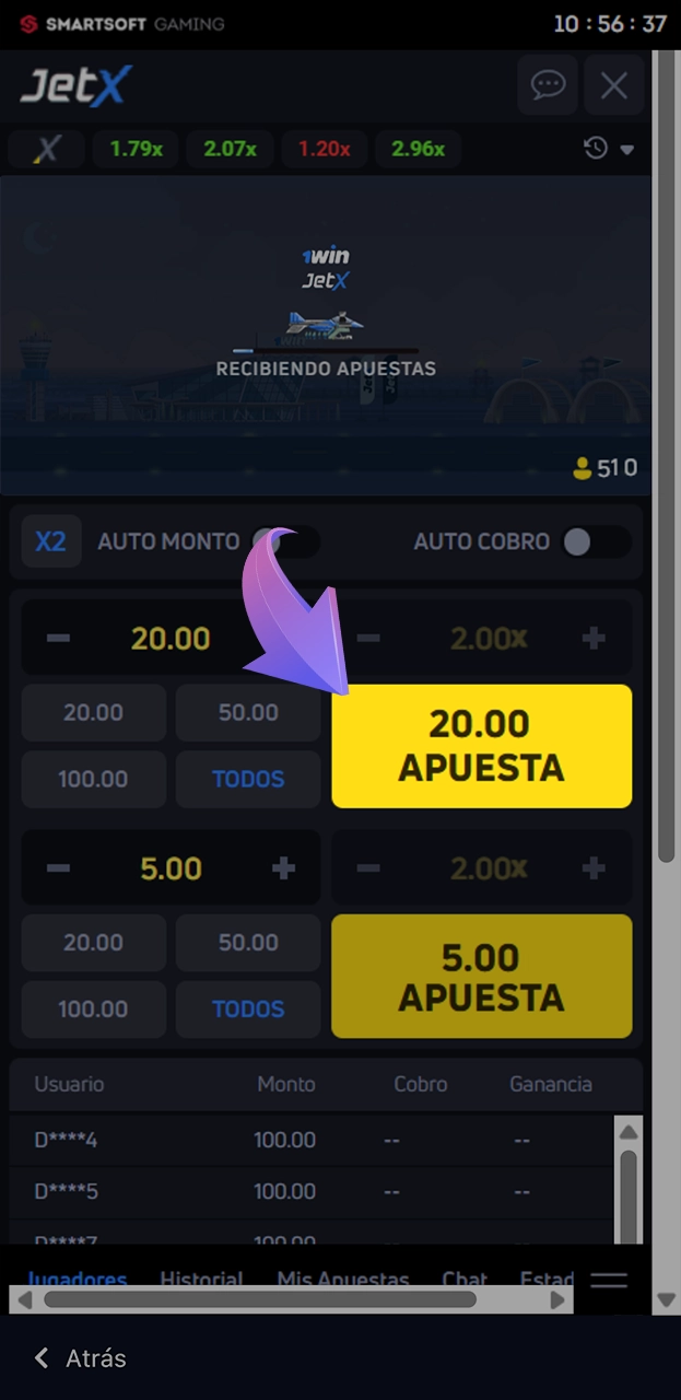 Place a bet in the JetX game at 1win.