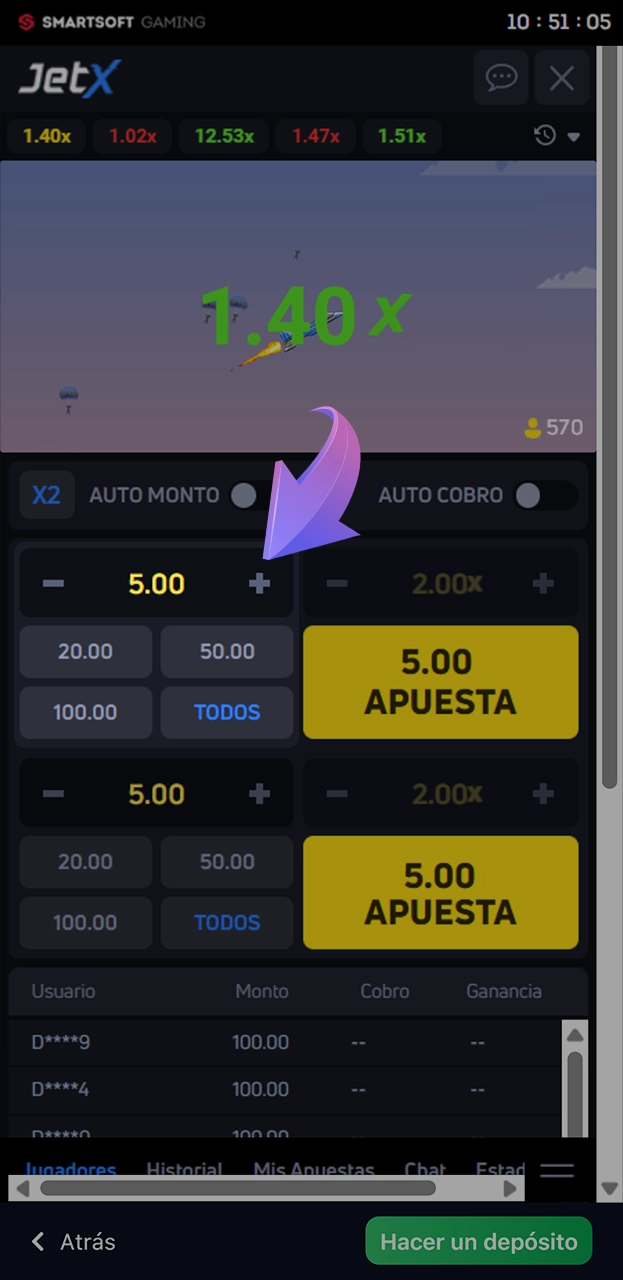 Specify the bet amount in the JetX game at 1win.