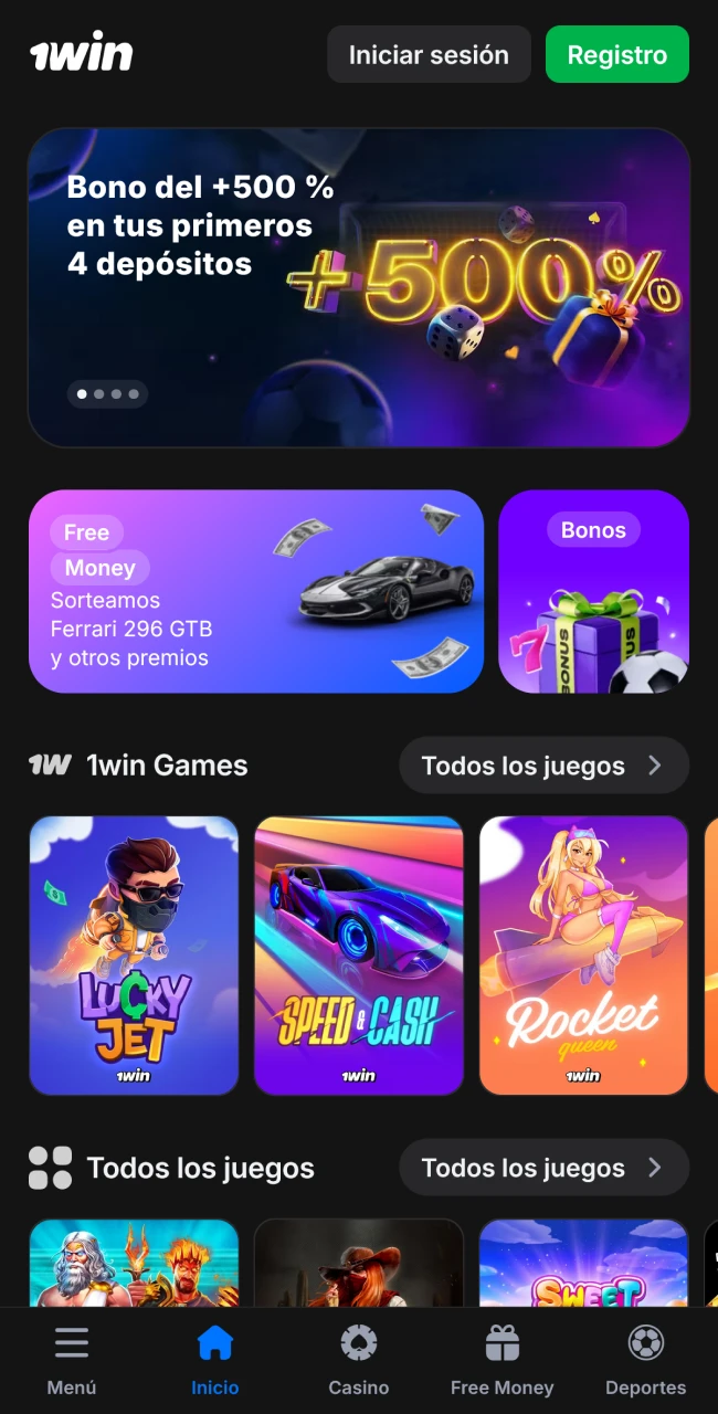 The main screen of the 1win mobile app is easy to navigate.